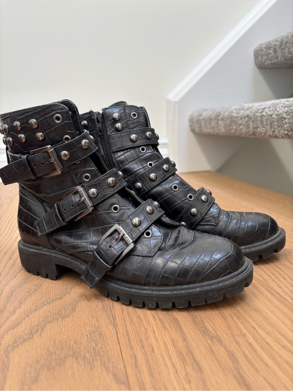 G by Guess Black Croc-Embossed Studded Buckle Ankle Boots